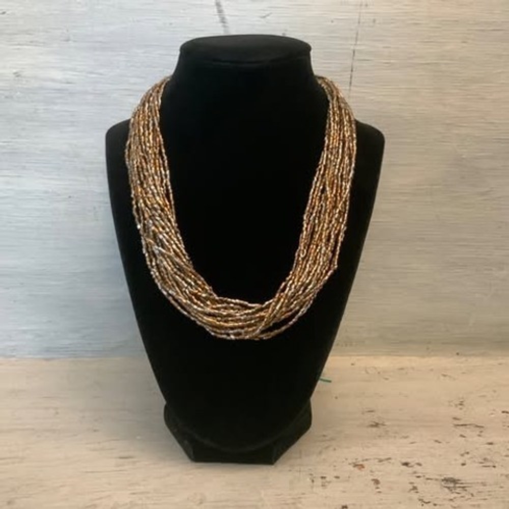 Bold Bronze Silver Beaded Multi Strand Choker Statement Necklace‎ Good Condition